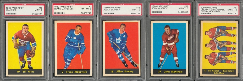 1960/61 Parkhurst Hockey PSA NM-MT 8 and PSA MINT 9 Collection (5 Different) Including Three Hall of Famers 